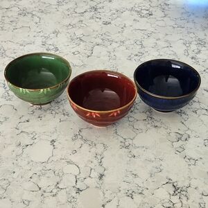 Pier 1 One Set Of 3 4.5" Rice Ramen Ceramic Bowls Red Green Blue